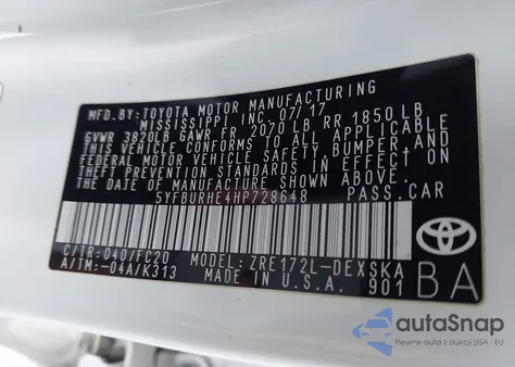 2017 Toyota Corolla Se from USA, damaged, VIN 5YFBURHE4HP728648